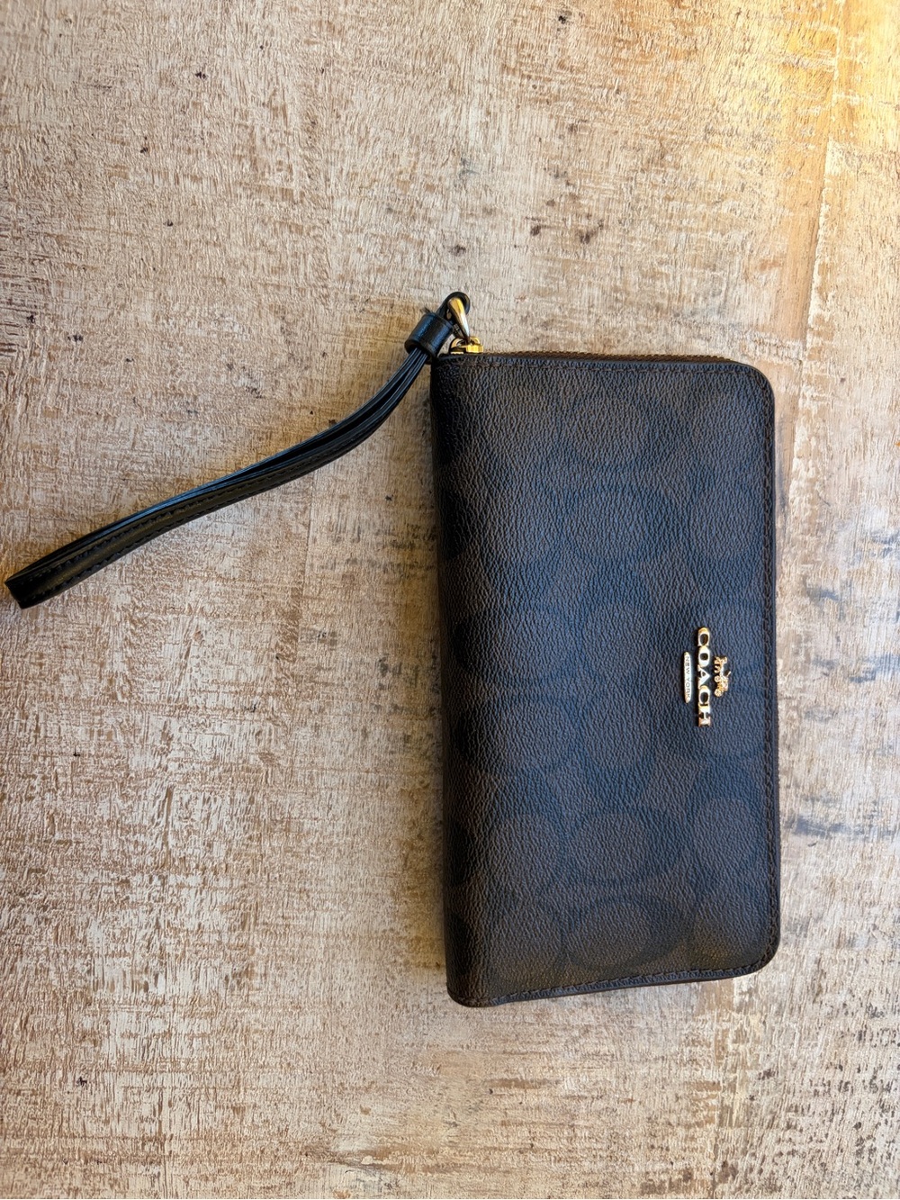 Coach Black Signature Zip Wristlet with Gold Hardware